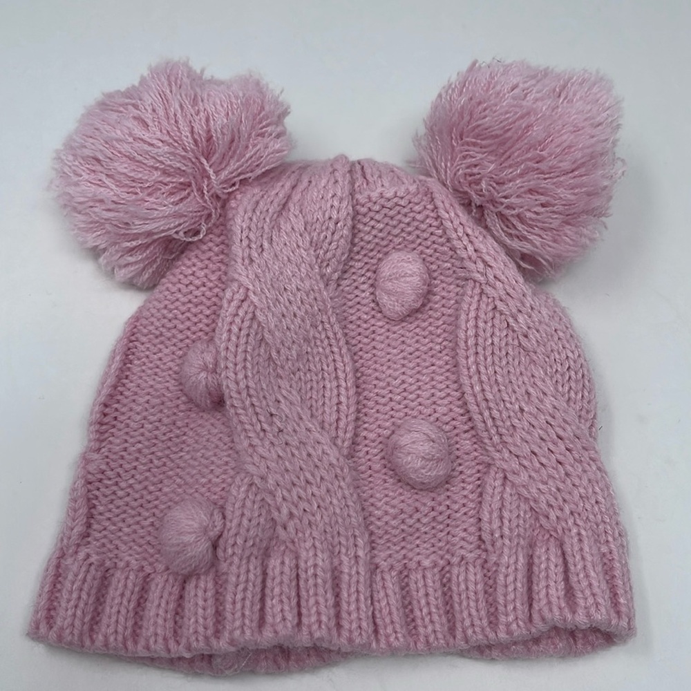 CAPELLI of NEW YORK: Pink Knit Double Pom Pom Hat, Size 0-6 months